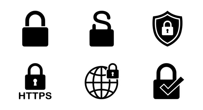 Security Icons: Padlock, Shield, Globe, HTTPS, Unlock, Checkmark Vector Set