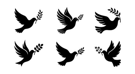 Naklejka premium Peace Dove Icons, Flying Birds with Olive Branches, Vector Symbols of Hope and Serenity