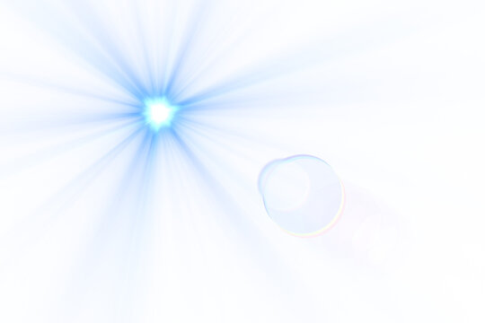 Bright blue lens flare with radiating light rays and circular bokeh effects on a transparent background.