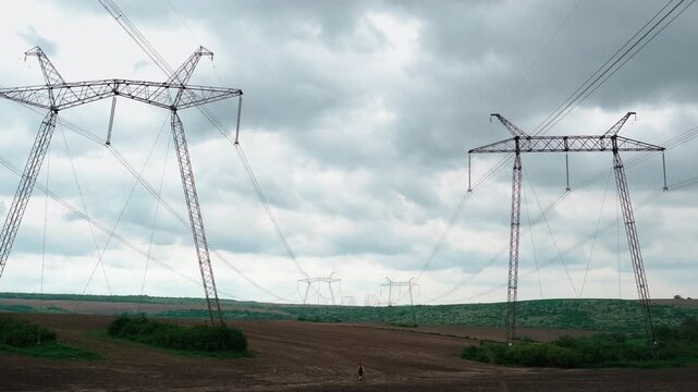 Wide panoramic view of tall lattice steel transmission towers carrying high-voltage conductors across rolling farmland, with converging lines, open fields, distant hills, and muted overcast light