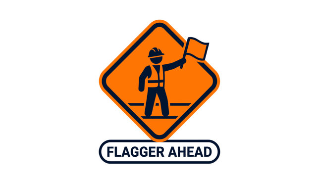 Construction Flagger Sign Icon - Safety Warning Ahead