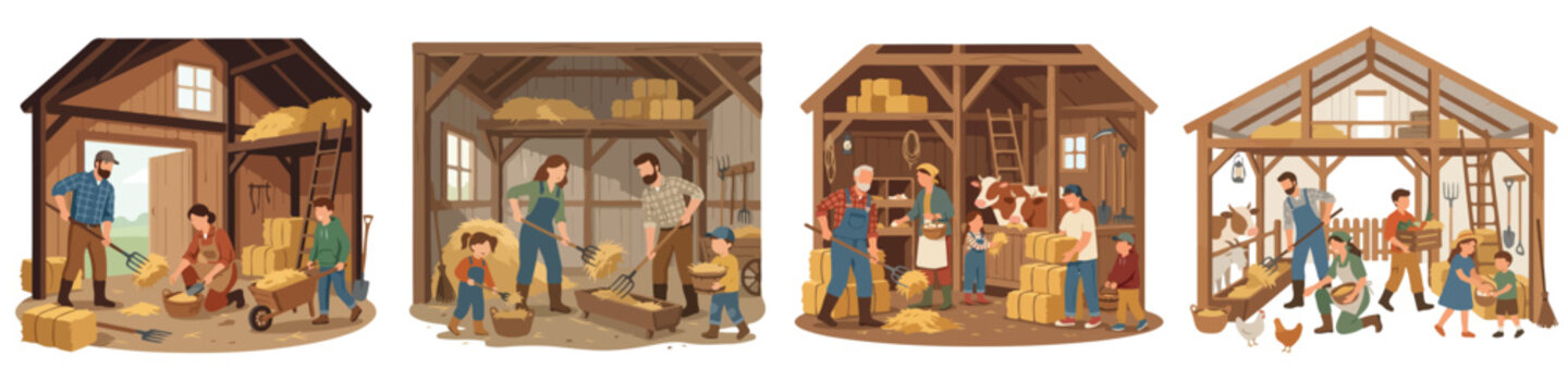 Family Farming Activities inside Rustic Wooden Barns Scenes Collection Featuring Daily Agricultural Farm Life and Harvesting Tasks