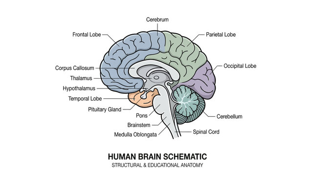 Human Brain Schematic: Anatomical Diagram with Labels - Medical and Educational