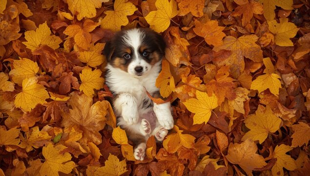 Adorable australian shepherd puppy resting comfortably surrounded by vibrant orange and yellow fallen autumn maple