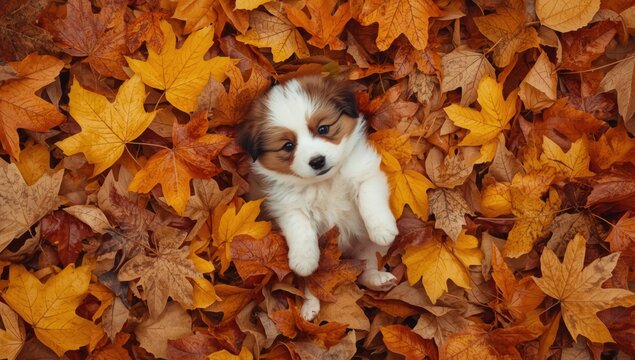 Adorable small puppy lying on a bed of vibrant orange and yellow autumn leaves during a sunny fall afternoon walk