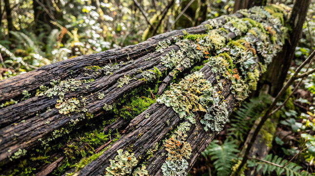 Moss and lichen growing on a rotten fallen tree log in the forest