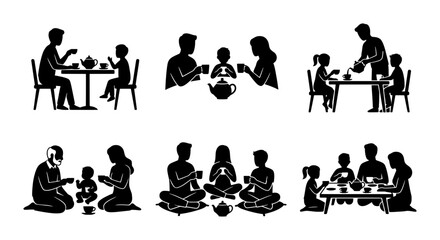 Obraz premium Family Tea Time Silhouettes, Generations Gathering, Casual Meal Scenes, Vector Icons