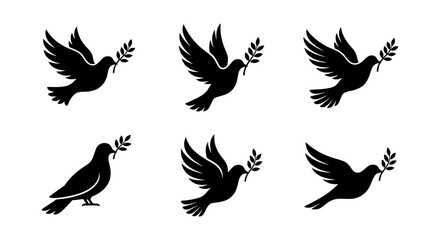 Naklejka premium Peace Dove Icons, Flying Birds with Olive Branch, Vector Symbols for Hope and Freedom