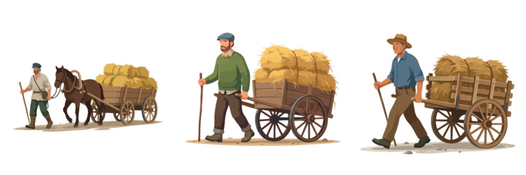 Set of Agricultural Workers Transporting Hay Bales with Horse Drawn Cart and Hand Carts for Farm Harvest Illustration