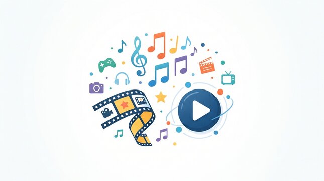 A vibrant collection of multimedia icons symbolizing entertainment and creativity. The illustration features musical notes, a play button, film reel, headphones, and gaming icons
