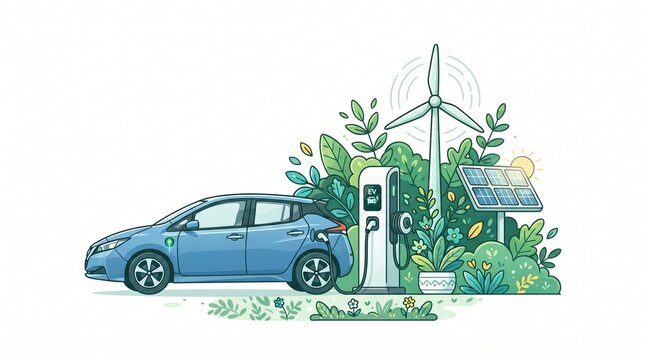 An electric car is charging at a station powered by renewable energy sources like a solar panel and a wind turbine, surrounded by lush greenery