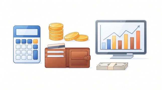 A flat design illustration depicting various financial elements including a calculator, coins, a wallet, a stack of cash, and a computer monitor displaying a financial graph