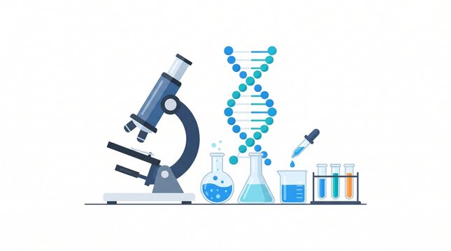 Scientific laboratory equipment and DNA helix illustration. A microscope, beakers, test tubes, and a DNA double helix graphic are depicted in a clean, modern style, suggesting research and discovery