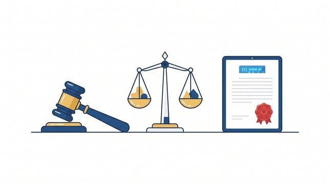 Gavel, Scales of Justice, and a legal document. Represents law, justice, and legal proceedings