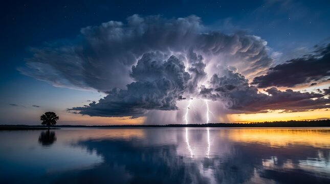 Giant glowing supercell thundercloud reflecting over peaceful lake water at sunset representing dramatic climate contrast and beauty.