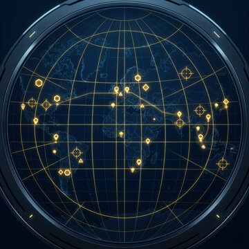 A clean 3D top-down view of a dark blue digital map grid. Glowing golden coordinate lines, crosshair markers, and geometric pins showing global asset positioning, tactical satellite navigation 