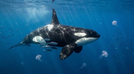 Naklejka premium Orca swimming gracefully underwater with jellyfish and fish