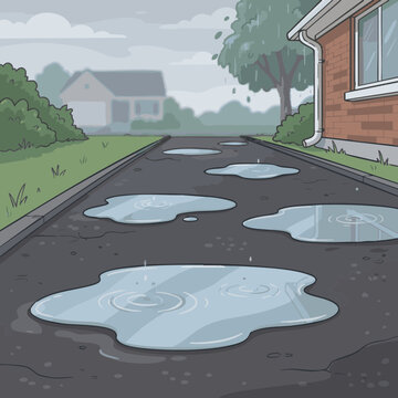 Rainwater pools gather on a flat driveway after a light rain in a quiet neighborhood