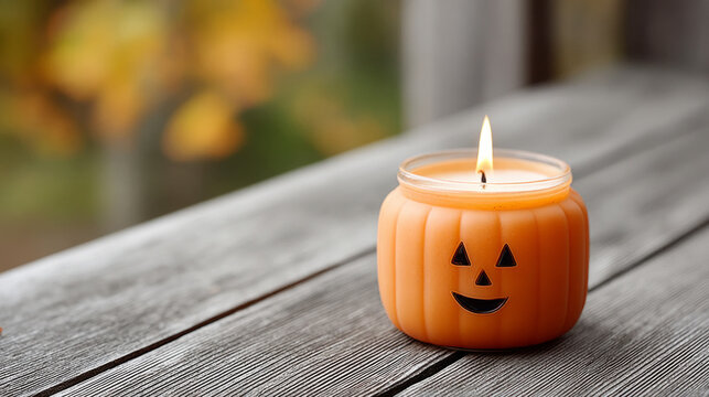 Flickering pumpkin candle on wooden table for autumn and halloween decor