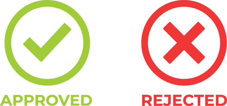 Approved and rejected vector icon set with green checkmark and red cross sign isolated on white background