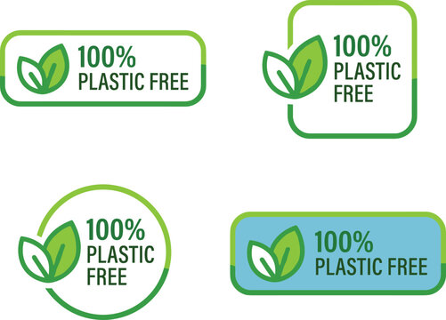 Green 100 percent plastic free badge icons collection with natural leaves isolated on white background