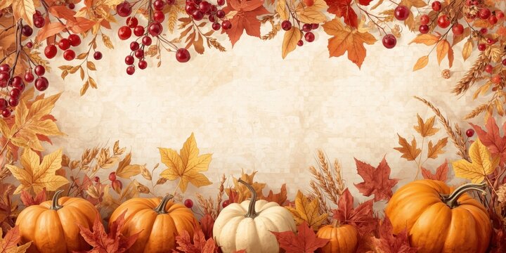 Autumnal frame with pumpkins berries and golden foliage surrounding a textured paper background center