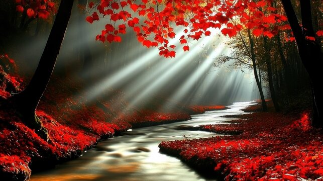 Sunlight streams through a forest with crimson leaves lining a babbling brook.