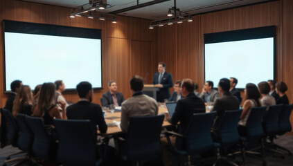 Fototapeta premium Business team in a modern conference room listening to a presentation with a welcome back message on the screen
