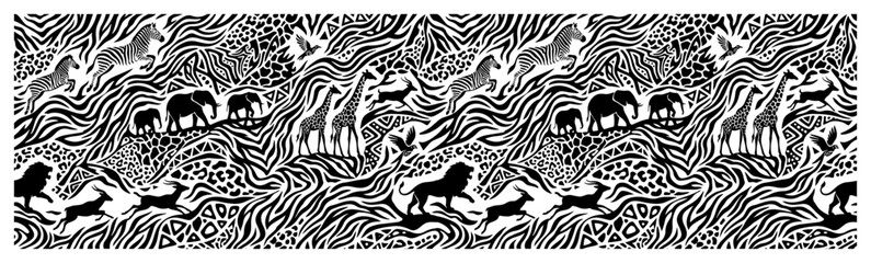 African safari wildlife collection with elephants giraffes and lions in savanna pattern © AnjaliDesai