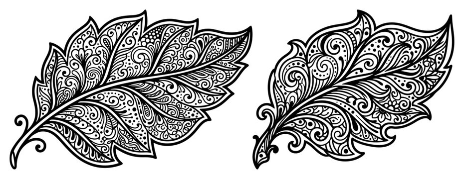 Ornate leaves with intricate paisley and floral doodle patterns in decorative bohemian style
