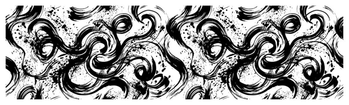 Abstract fluid ink swirls and splashy brush strokes in artistic monochrome pattern