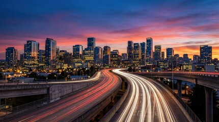 Fototapeta premium Modern Urban Skyline at Sunset with Dynamic Highway Traffic Light Trails Website Banner. High-speed City Infrastructure and Connectivity Hero Header for Corporate and Logistics Backgrounds.
