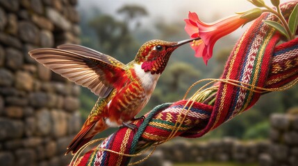 Fototapeta premium Hummingbird perched on traditional Peruvian textile fabric near flower. Andean cultural symbol during Fiestas Patrias. Nature and heritage concept celebrating independence in Peru.