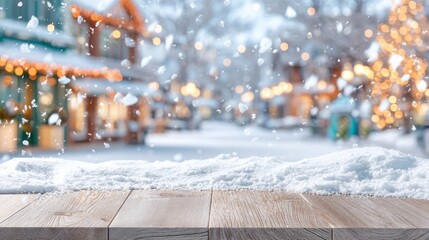 Wooden table with snow and blurred winter village scenery with falling snowflakes