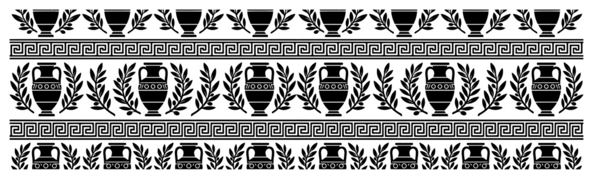Ancient Greek amphorae and laurel wreaths in classical meander border pattern style