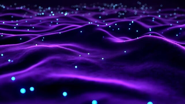 Abstract 3D animation of glowing blue particles on undulating purple waves
