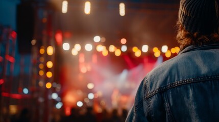 Fototapeta premium Person in denim jacket watching colorful stage light and music event