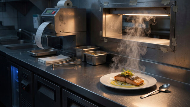 Chef prepares a dish with steam rising in a stainless steel kitchen environment
