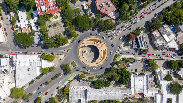 Top-Down Aerial View of Traffic Circling Monumento a la Patria, Paseo Montejo, M&eacute;rida