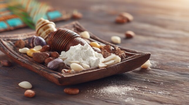 Traditional African Ifa Divination with Shells and Natural Elements on Wood