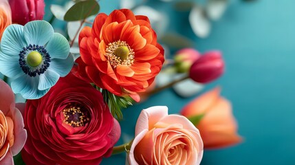 Obraz premium Close-Up of Vibrant Red Blue Orange and Pink Blooming Flower Arrangement on Blue