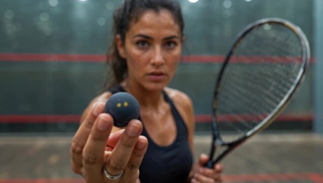 Intense female squash player holding racket and ball in an indoor court, sweaty and focused before play