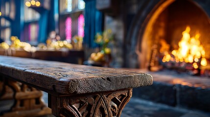 Obraz premium Close-up of rustic wooden table with carved leg near cozy fireplace flame