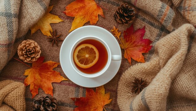 Cozy autumn tea time scene with lemon infused drink on plaid textile surrounded by colorful fall leaves and pinecones