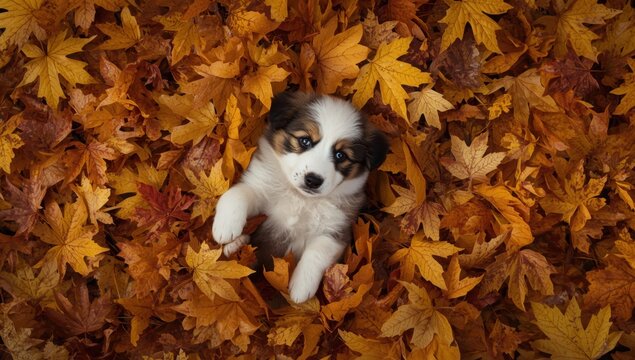 Cute australian shepherd puppy looking up while lying down in a pile of bright orange and yellow autumn foliage