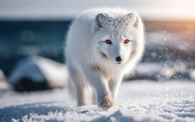 Fototapeta premium Vivid Arctic Fox in Tundra Landscape Amidst Falling Snowflakes at Twilight