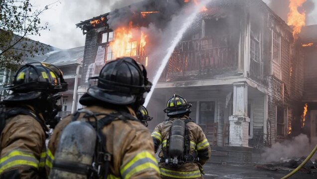 Firefighters in turnout gear using a hose to fight a large burning two-story house fire amid heavy smoke