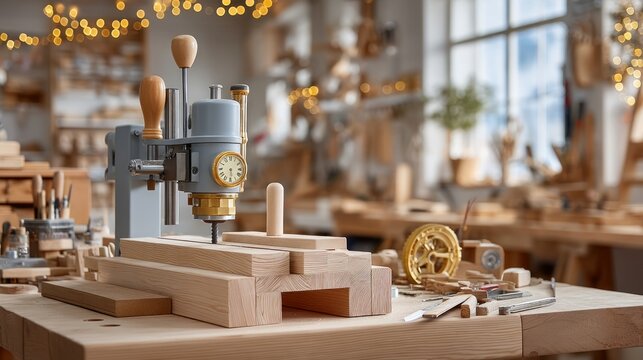 Clockmaker Workshop in Winter with Decorations and Woodworking Tools