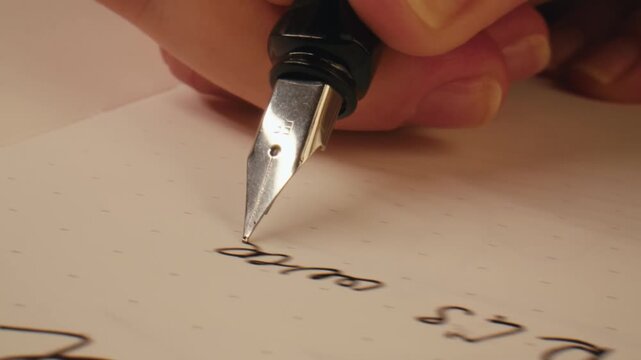 Fountain pen write letter, document sign on an antique handwritten letter. Vintage nib pen and handwritten english cursive style font copperplate, spencerian. Old history background. Retro style.