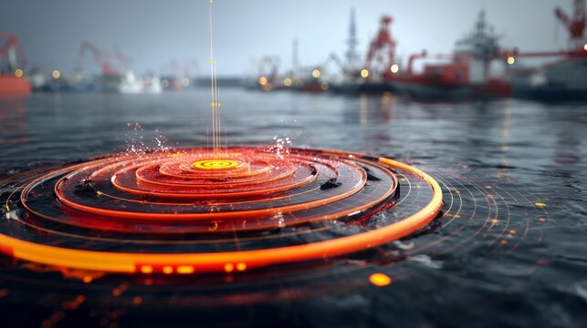 Futuristic orange ripple effect on water with industrial harbor background